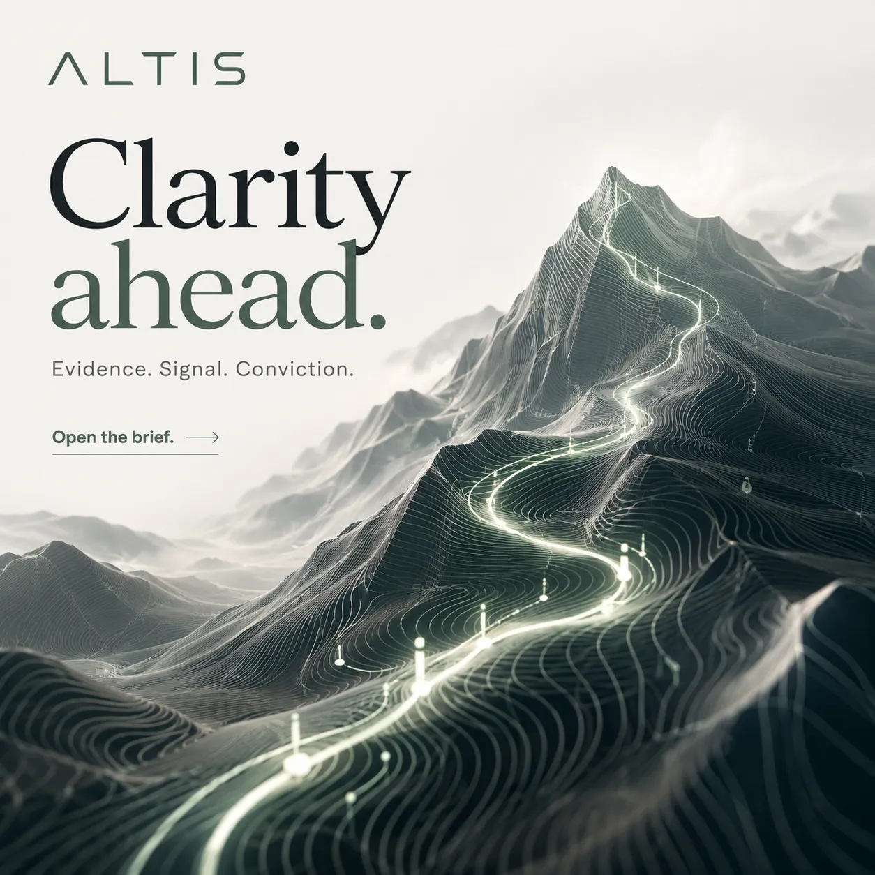 Altis: 'Clarity ahead.' — a luminous sage route winding up a soft, foggy mountain landscape