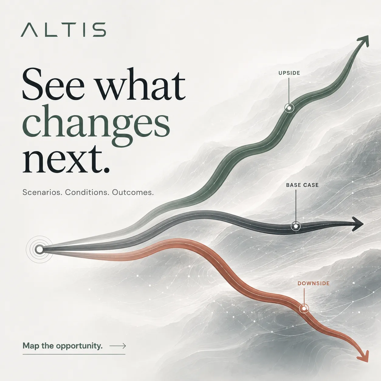 Altis: 'See what changes next.' — three scenario paths diverging across mist