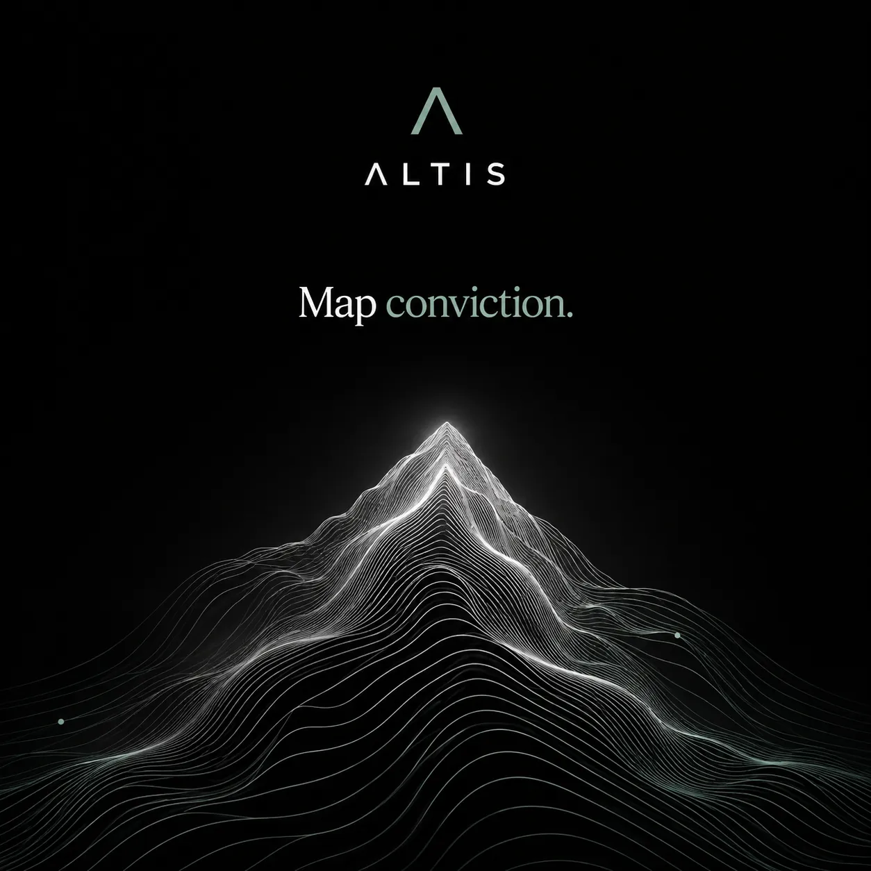 Altis: 'Map conviction.' — a white wireframe peak on near-black