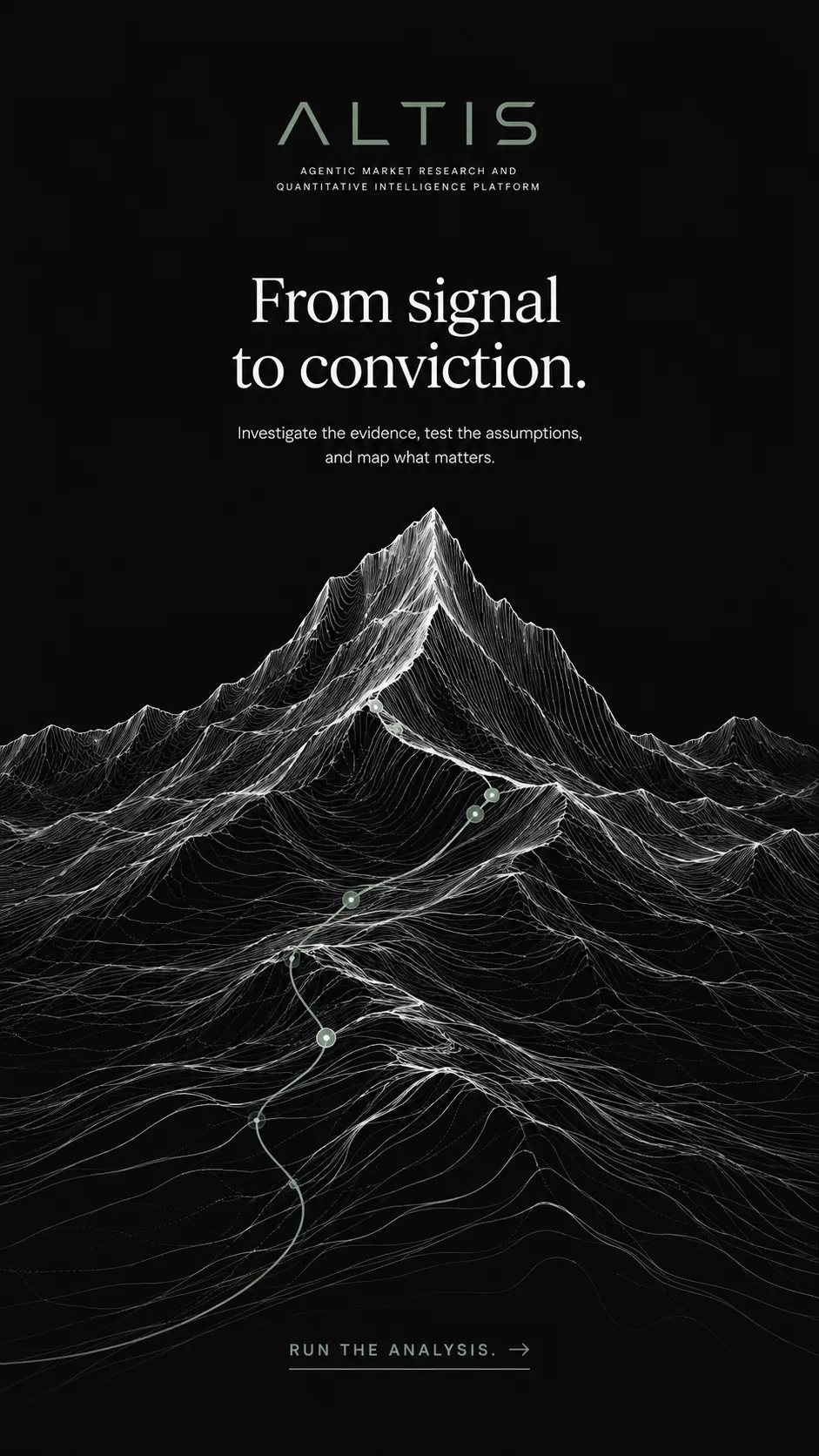 Altis: 'From signal to conviction.' — a dark, dramatic peak rendered as fine contour lines