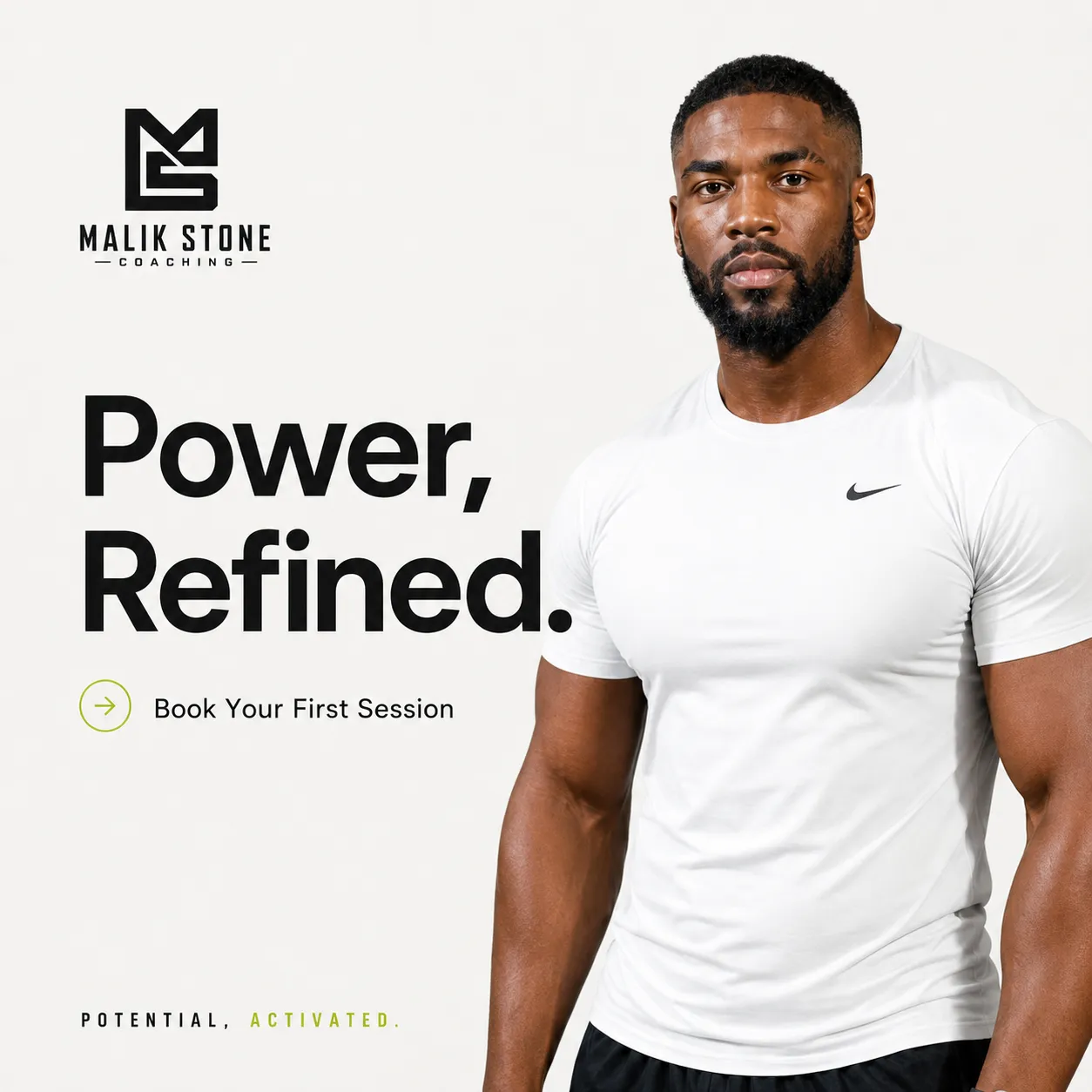 Malik — generated on-brand asset 3: photoreal, editorial personal-brand fitness photography