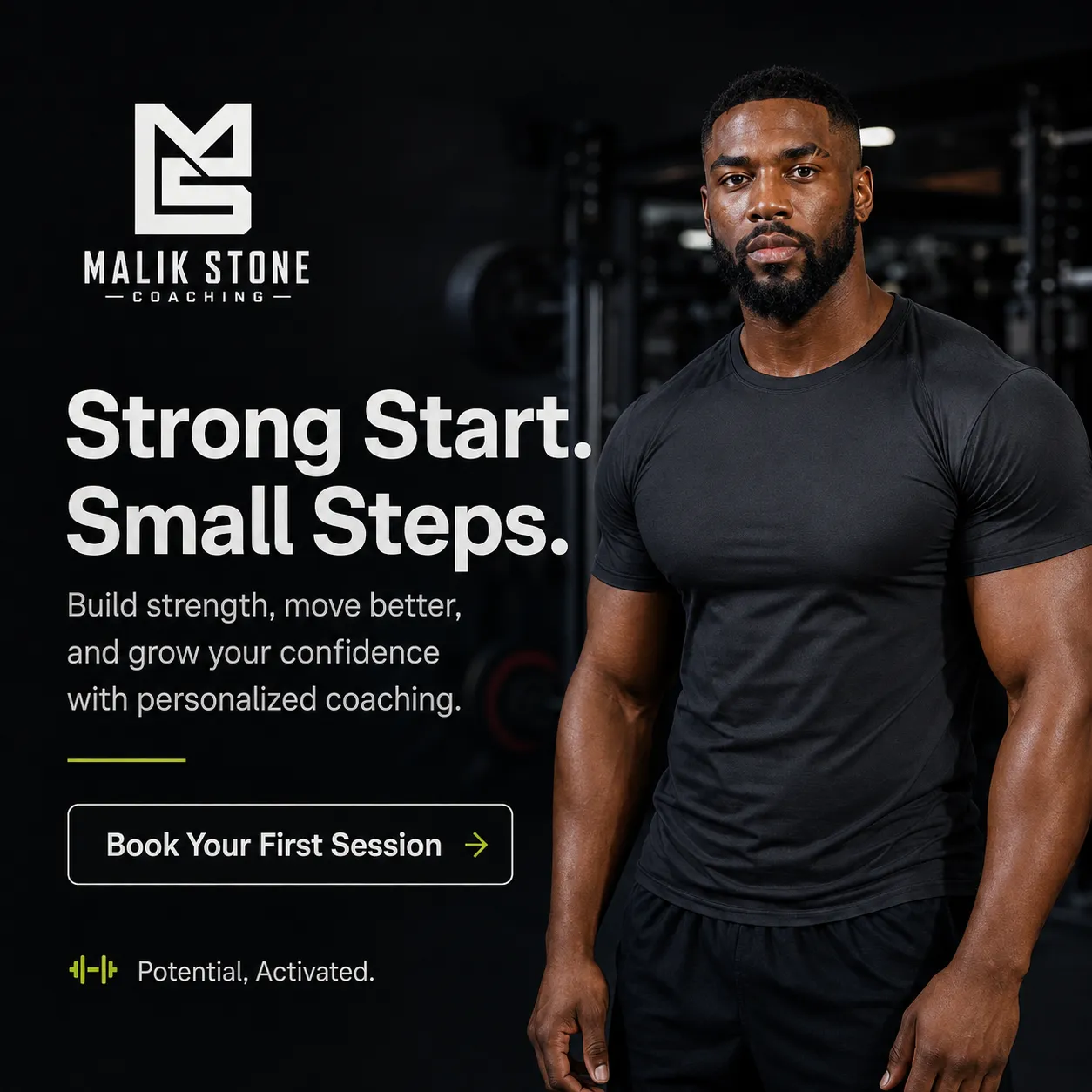 Malik — generated on-brand asset 4: photoreal, editorial personal-brand fitness photography
