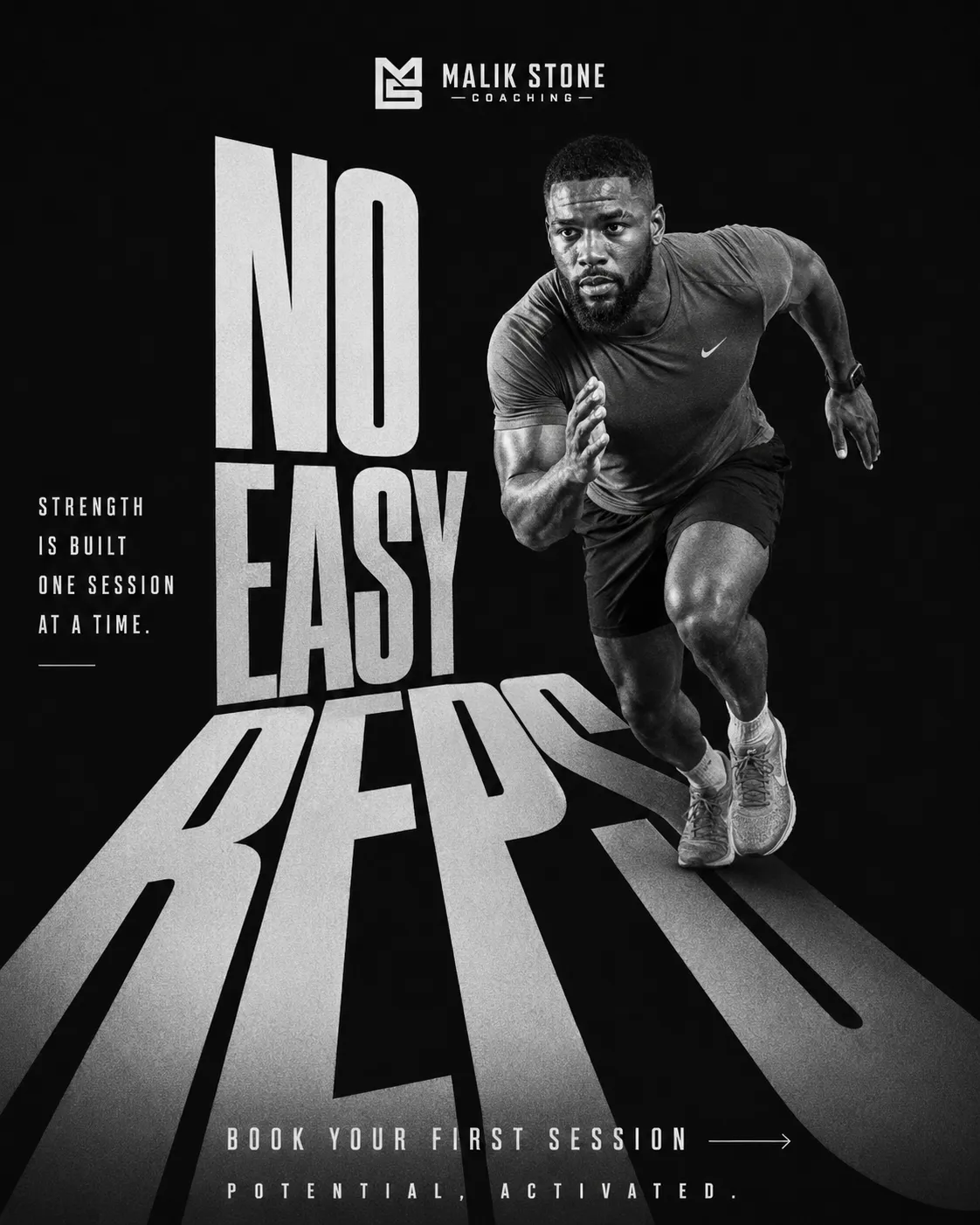 Malik — generated on-brand asset 5: photoreal, editorial personal-brand fitness photography