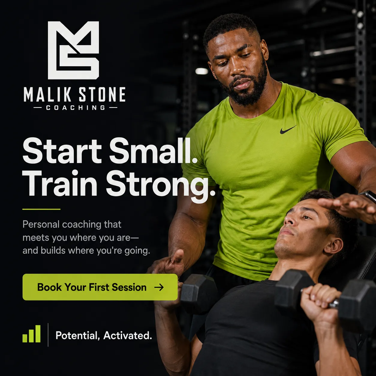 Malik — generated on-brand asset 6: photoreal, editorial personal-brand fitness photography