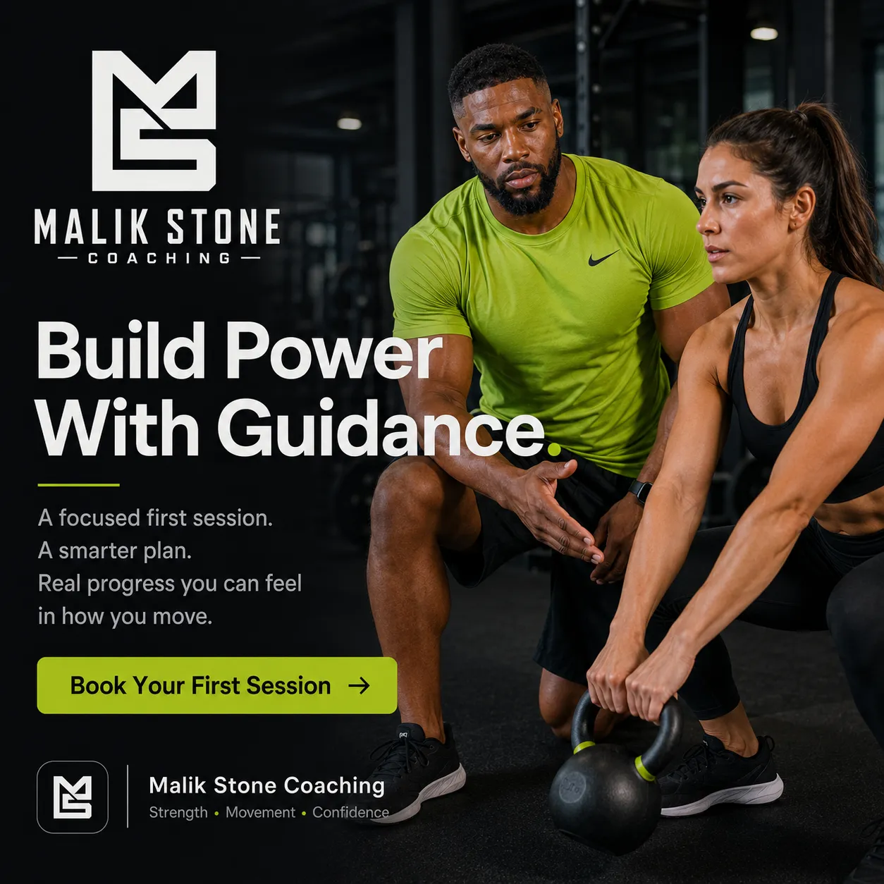 Malik: 'Build power with guidance.' — Malik coaching a client through a kettlebell session