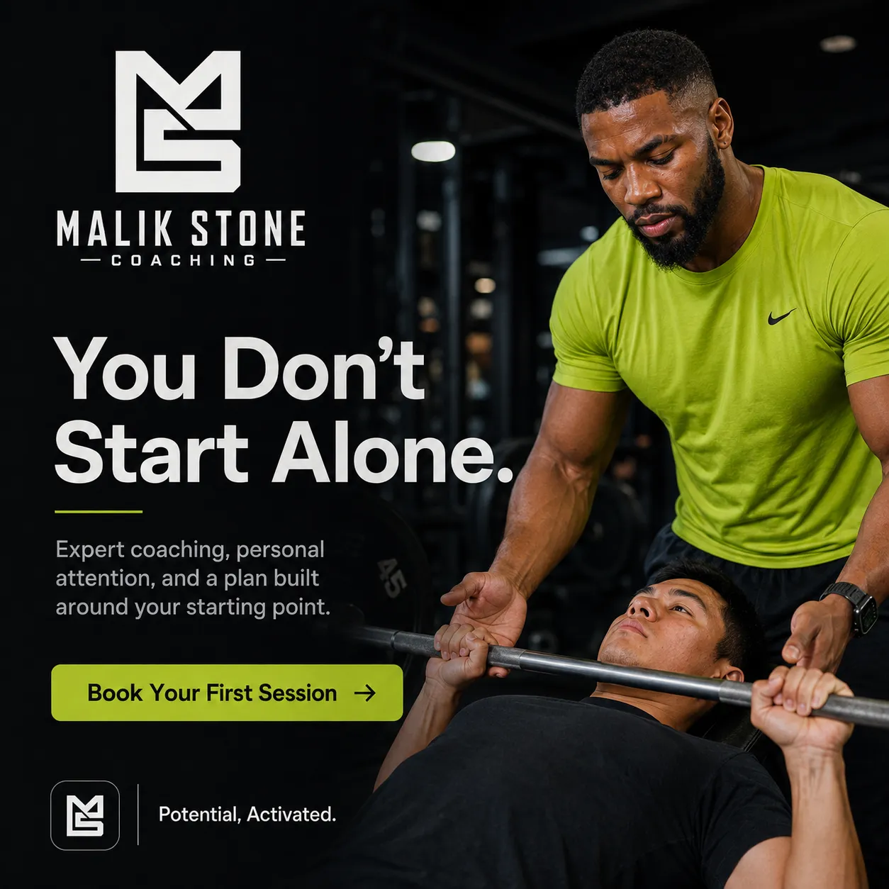 Malik — generated on-brand asset 8: photoreal, editorial personal-brand fitness photography