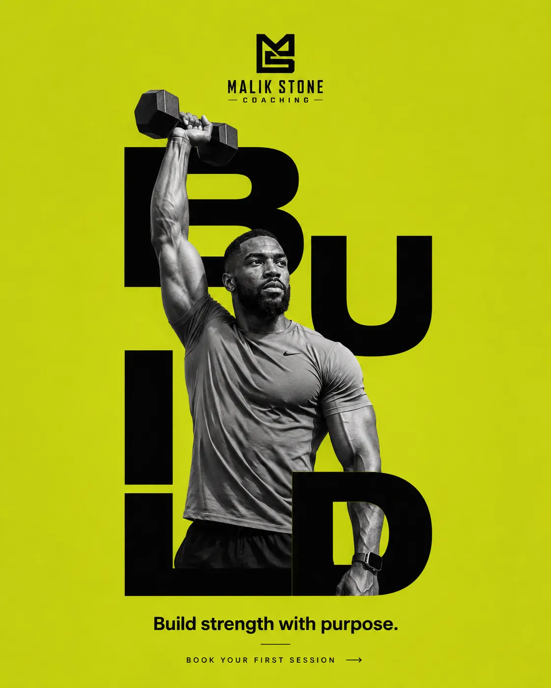 Malik — generated on-brand asset 10: photoreal, editorial personal-brand fitness photography