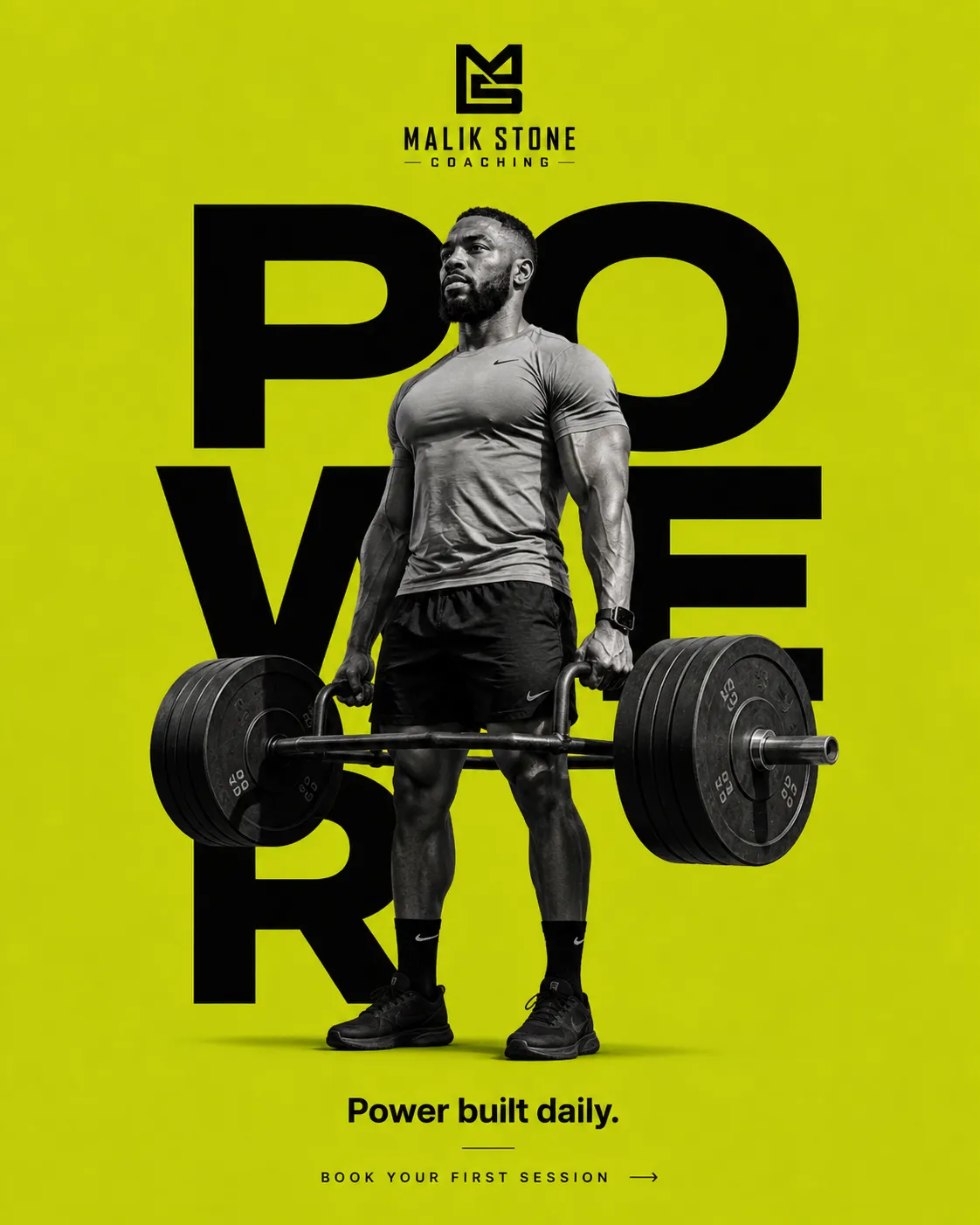 Malik — generated on-brand asset 12: photoreal, editorial personal-brand fitness photography
