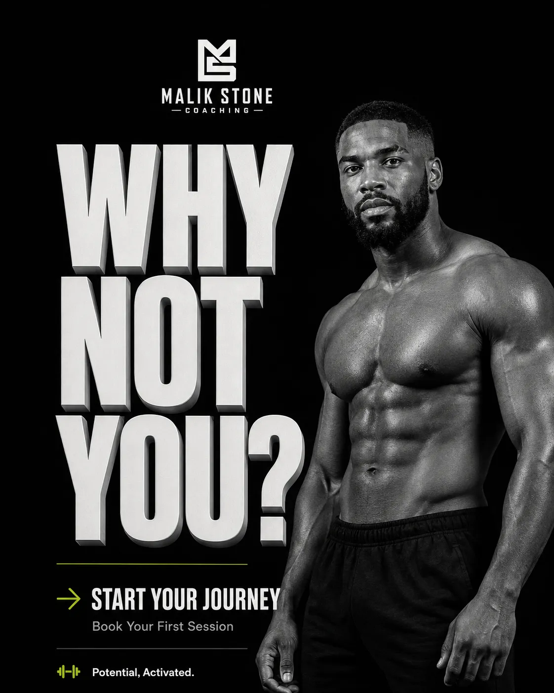 Malik — generated on-brand asset 14: photoreal, editorial personal-brand fitness photography