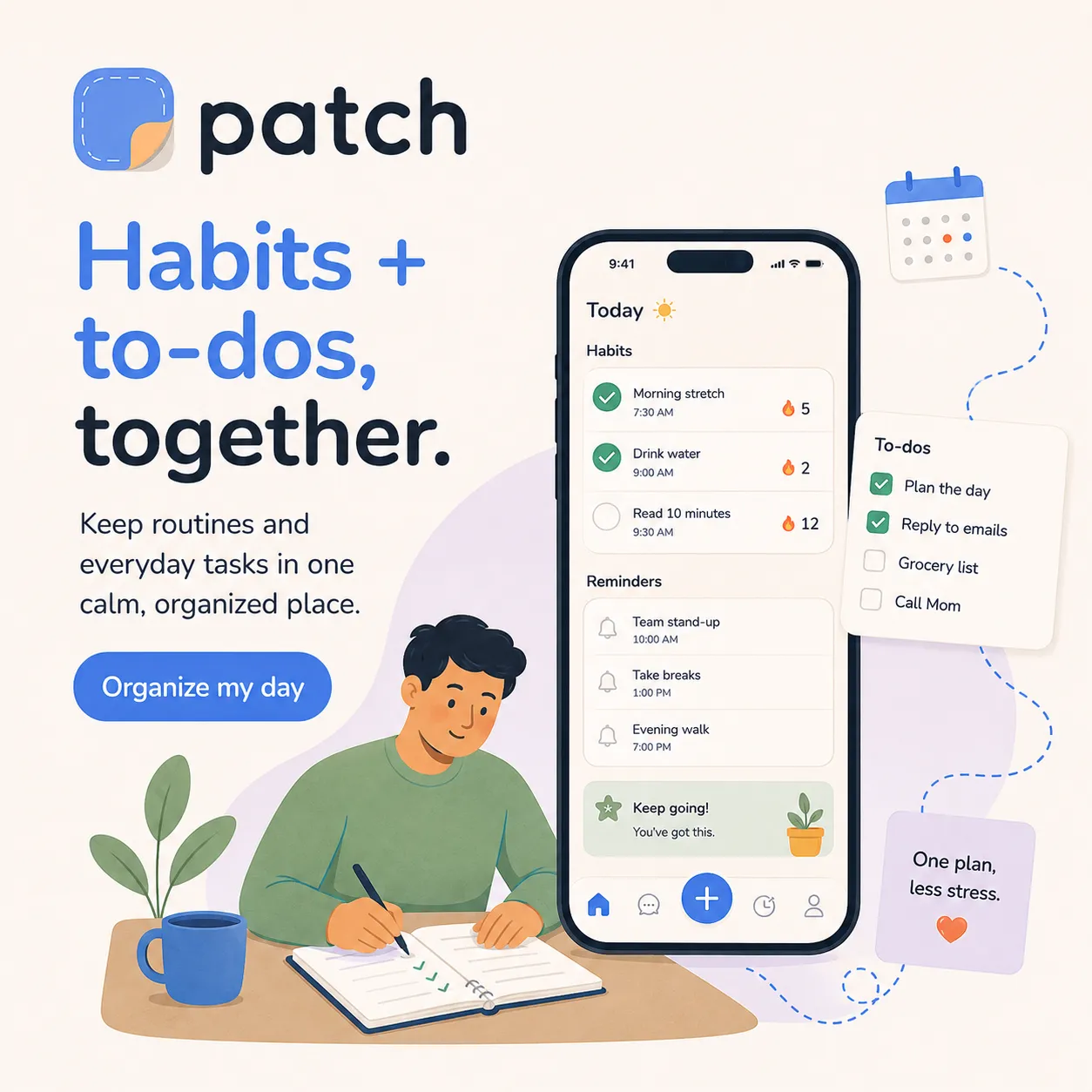 Patch app hero: 'Habits + to-dos, together.' — flat illustration with a phone mockup of the daily routine screen