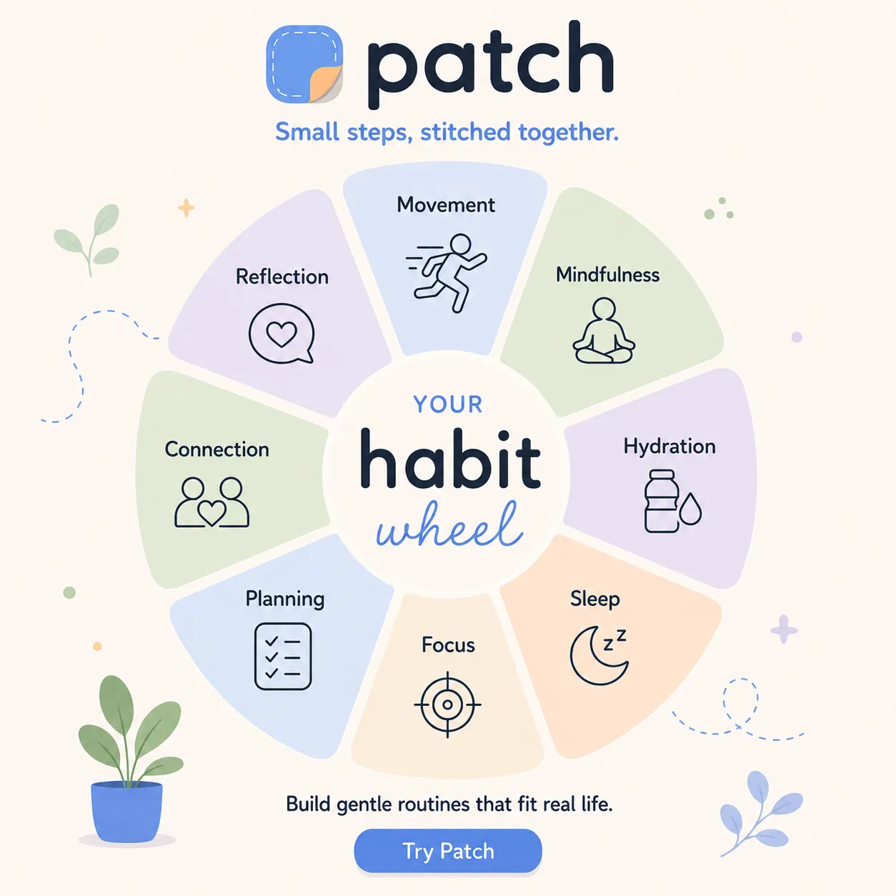 Patch — generated on-brand asset 4: flat, warm consumer-app illustration and mobile UI