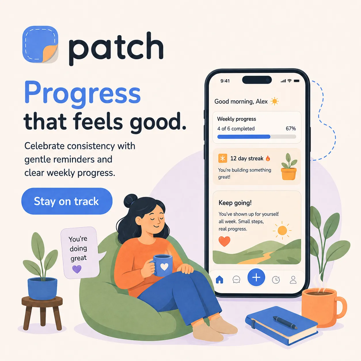 Patch — generated on-brand asset 6: flat, warm consumer-app illustration and mobile UI