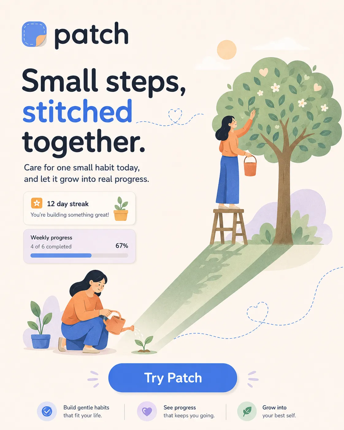 Patch — generated on-brand asset 7: flat, warm consumer-app illustration and mobile UI