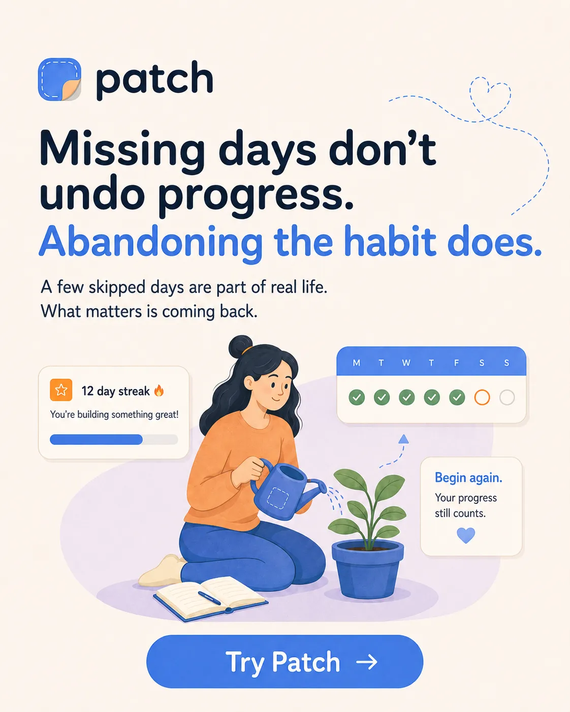 Patch — generated on-brand asset 8: flat, warm consumer-app illustration and mobile UI