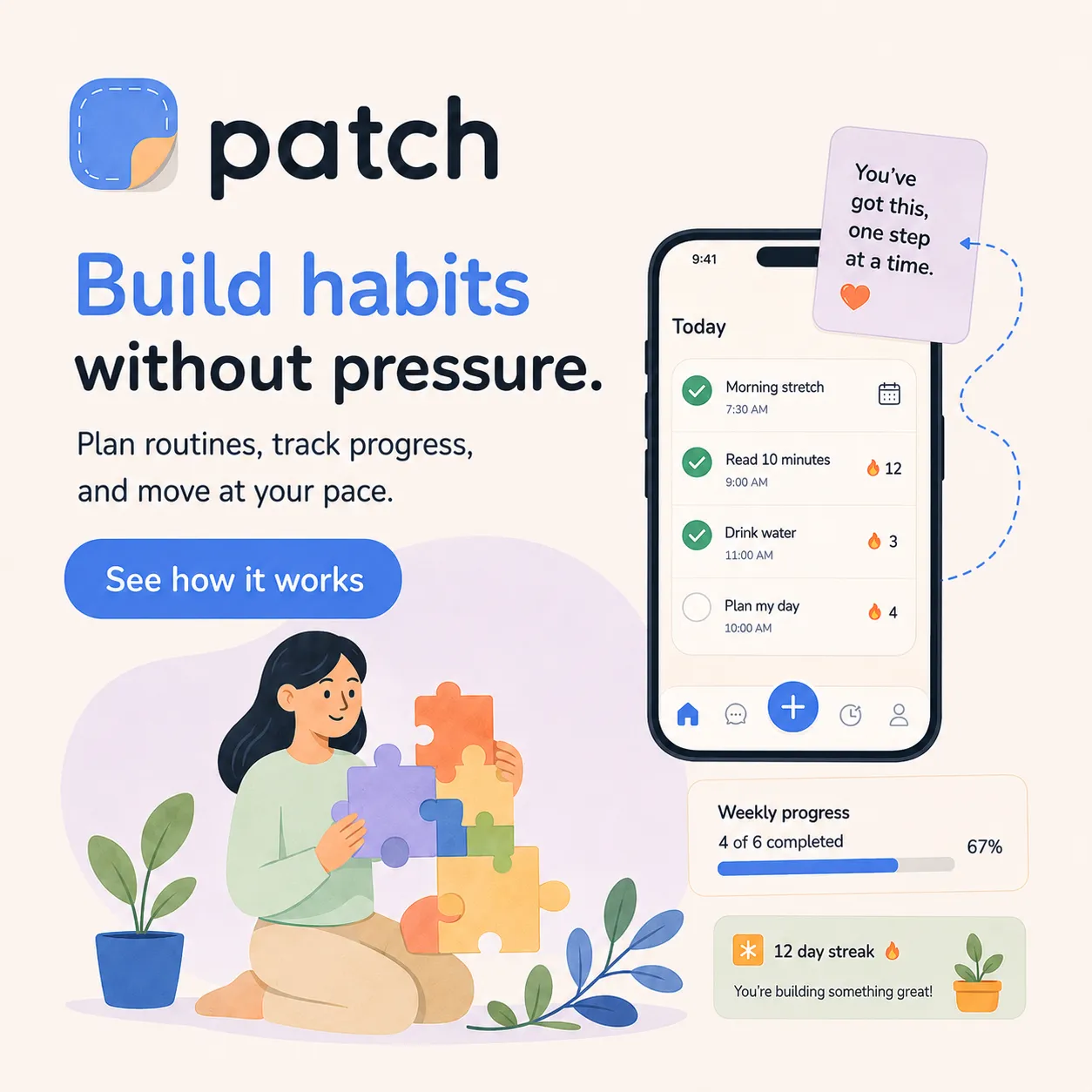 Patch — generated on-brand asset 11: flat, warm consumer-app illustration and mobile UI