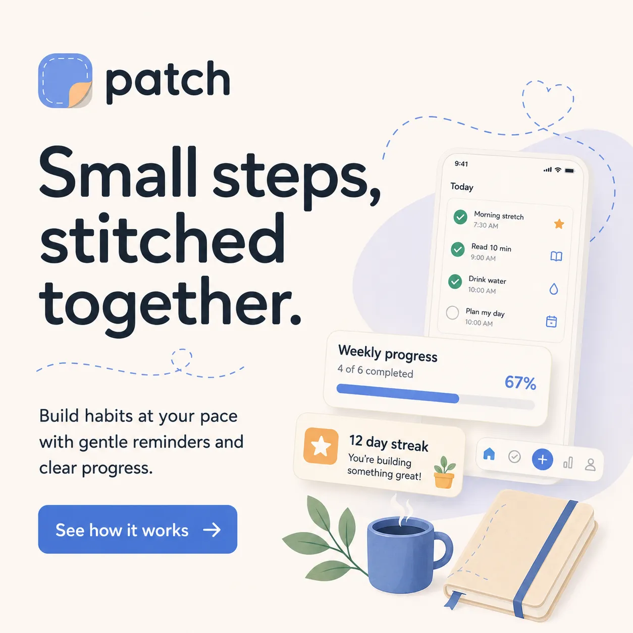 Patch — generated on-brand asset 12: flat, warm consumer-app illustration and mobile UI