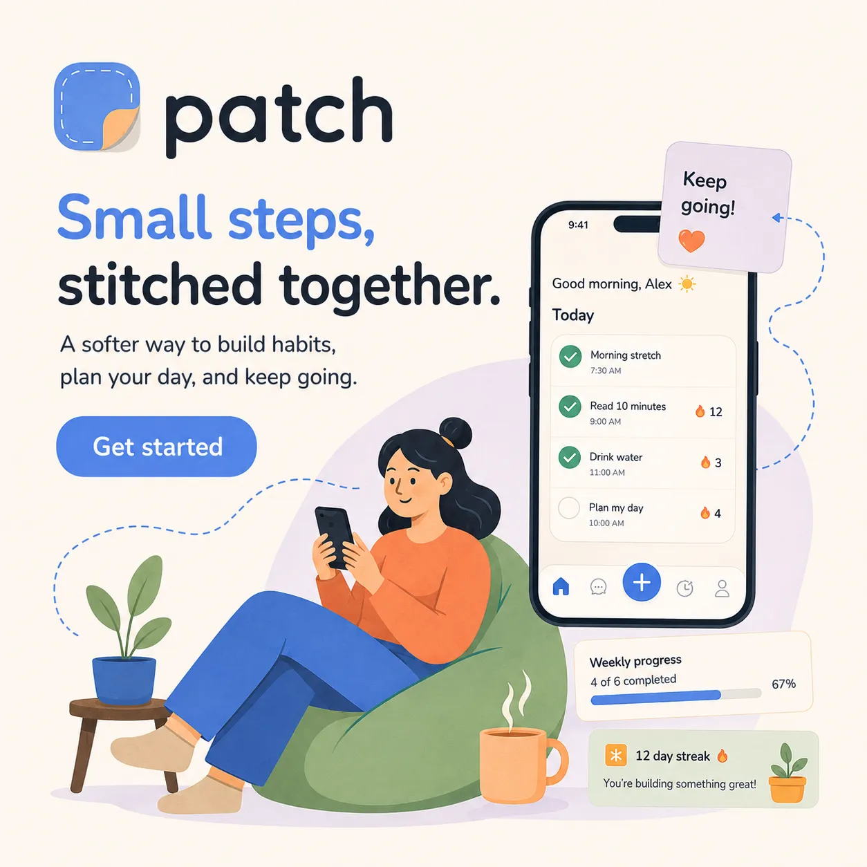 Patch — generated on-brand asset 14: flat, warm consumer-app illustration and mobile UI