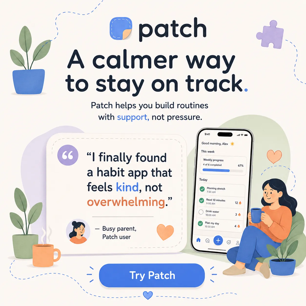 Patch — generated on-brand asset 15: flat, warm consumer-app illustration and mobile UI