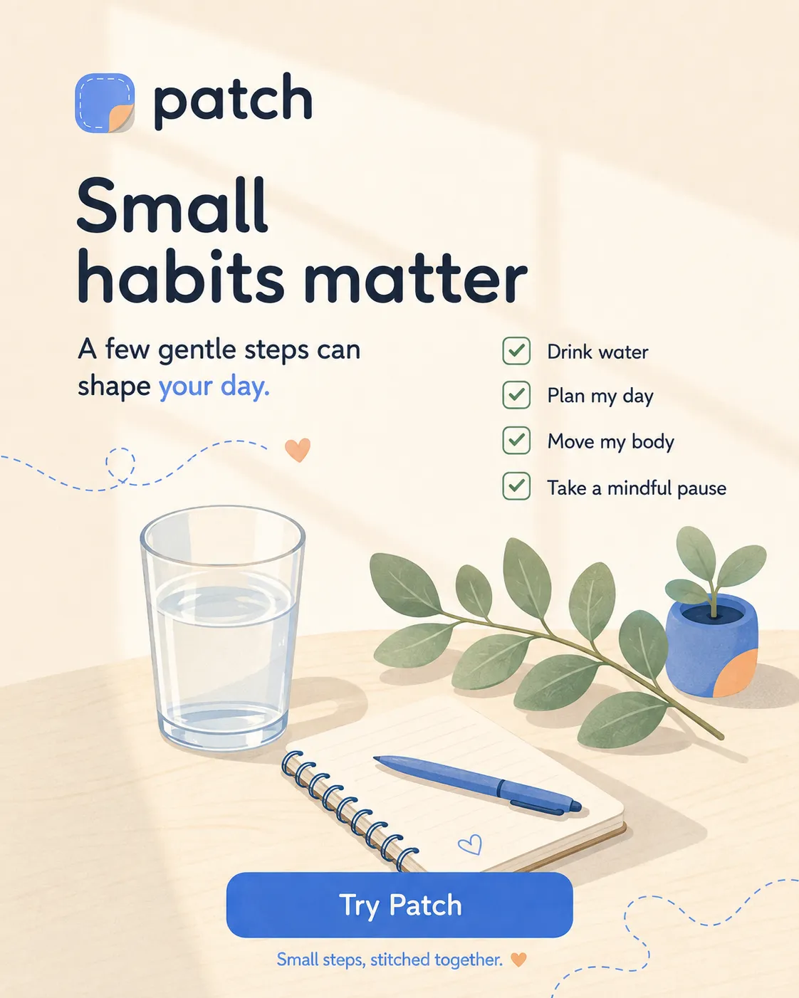 Patch — generated on-brand asset 17: flat, warm consumer-app illustration and mobile UI