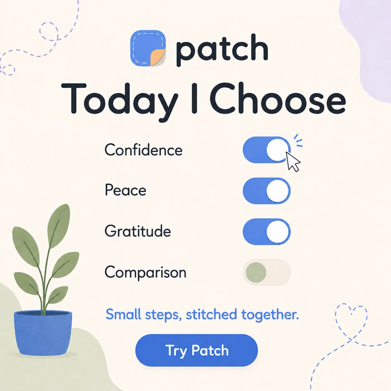 Patch — generated on-brand asset 18: flat, warm consumer-app illustration and mobile UI
