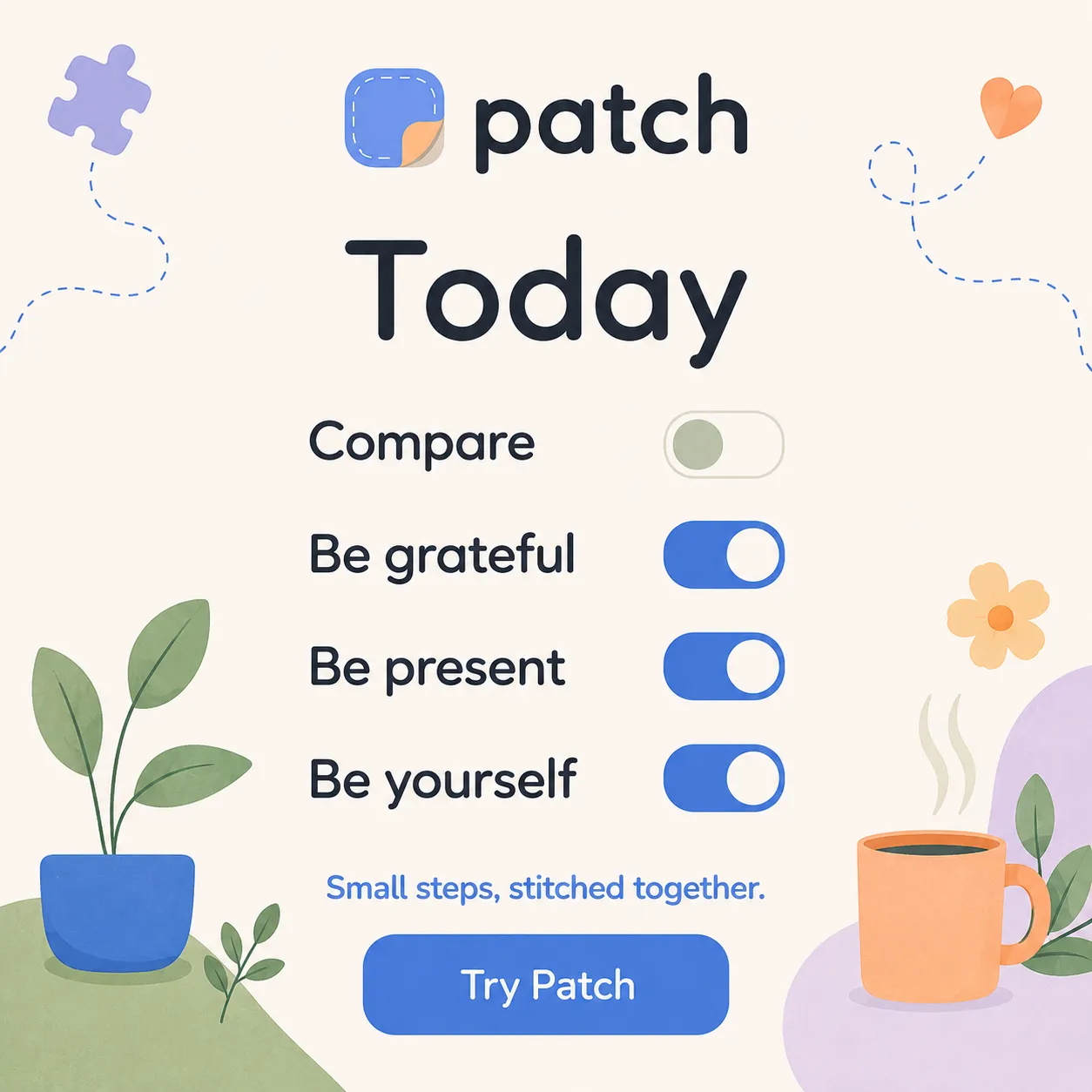Patch — generated on-brand asset 19: flat, warm consumer-app illustration and mobile UI