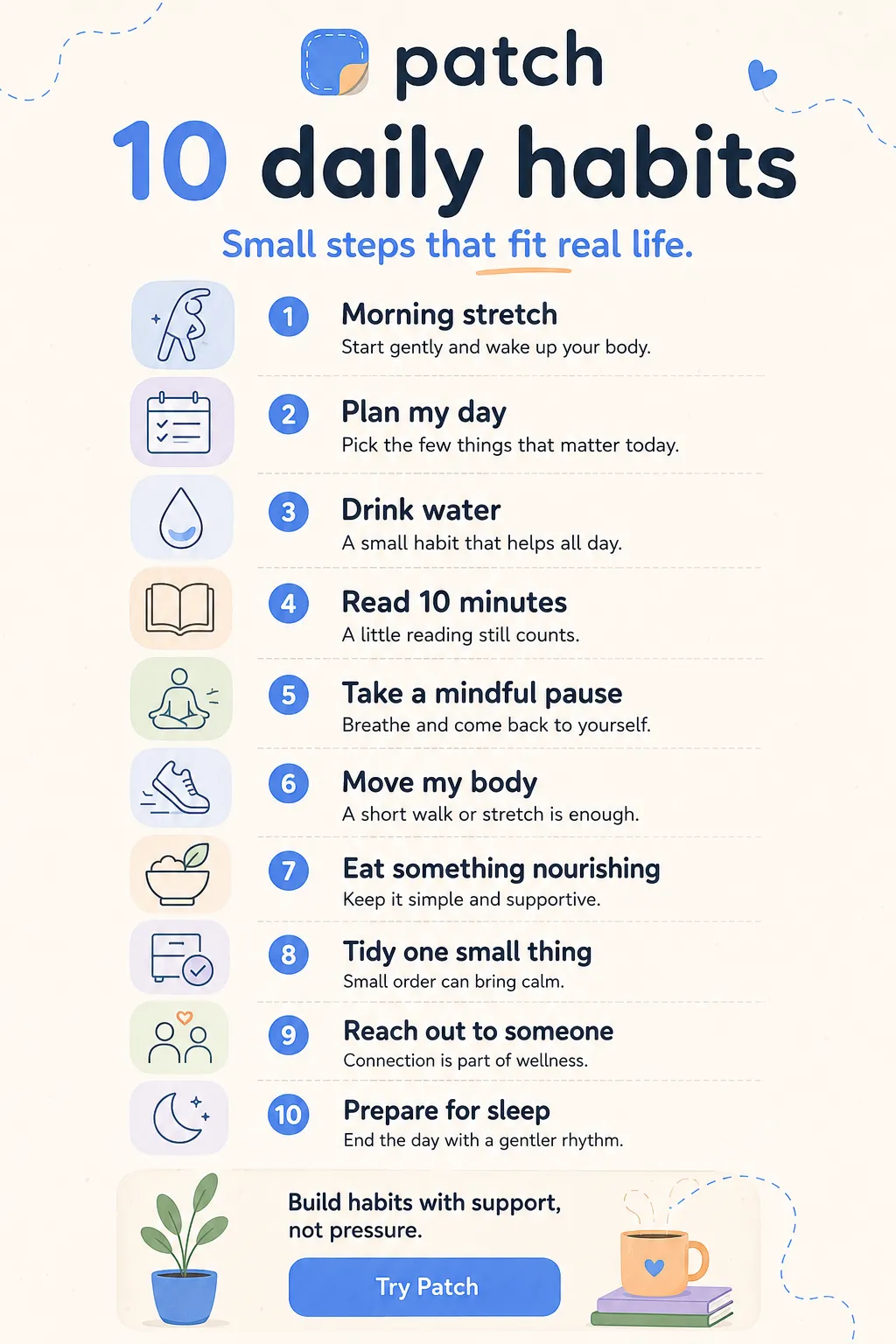 Patch poster: '10 daily habits that fit real life' — a numbered illustrated checklist