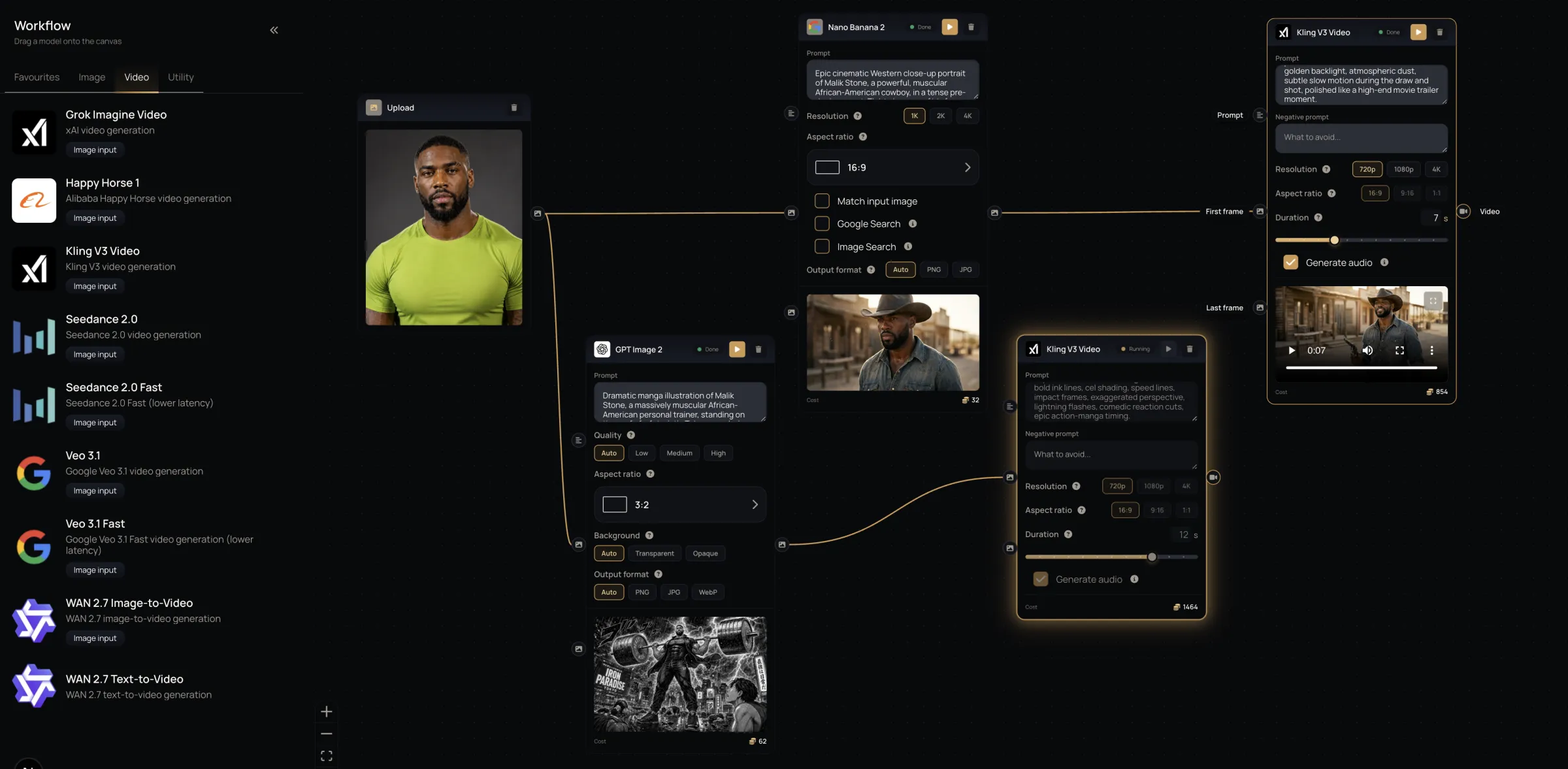 The Alberti recipe editor: a model palette on the left and a canvas where an uploaded portrait feeds two image models, whose results feed video models